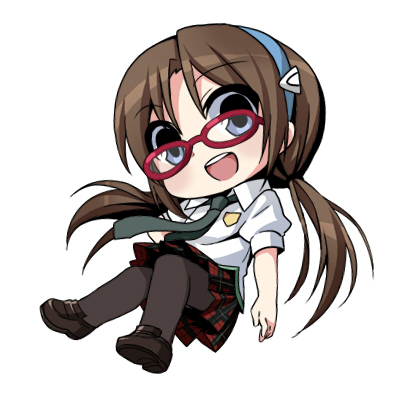 black_legwear blue_eyes blush brown_hair chibi evangelion:_2.0_you_can_(not)_advance french_maid glasses hairband loafers long_hair lowres makinami_mari_illustrious necktie neon_genesis_evangelion open_mouth pantyhose plaid plaid_skirt rebuild_of_evangelion red-framed_glasses school_uniform shoes simple_background skirt smile solo twintails