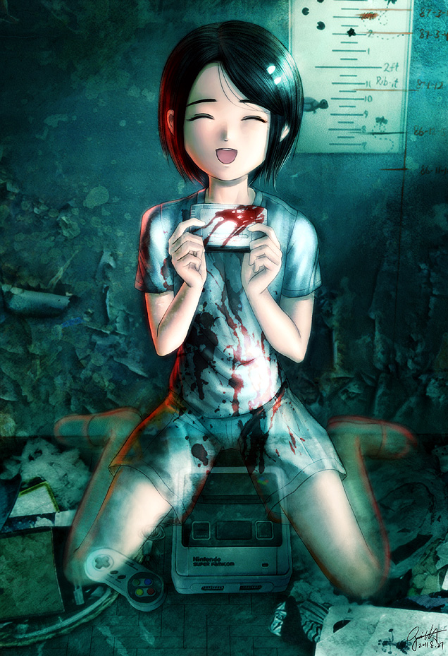 blood closed_eyes commentary copyright_request eyes_closed game_cartridge ghost nintendo open_mouth s_zenith_lee short_hair shorts sitting smile solo super_famicom wariza