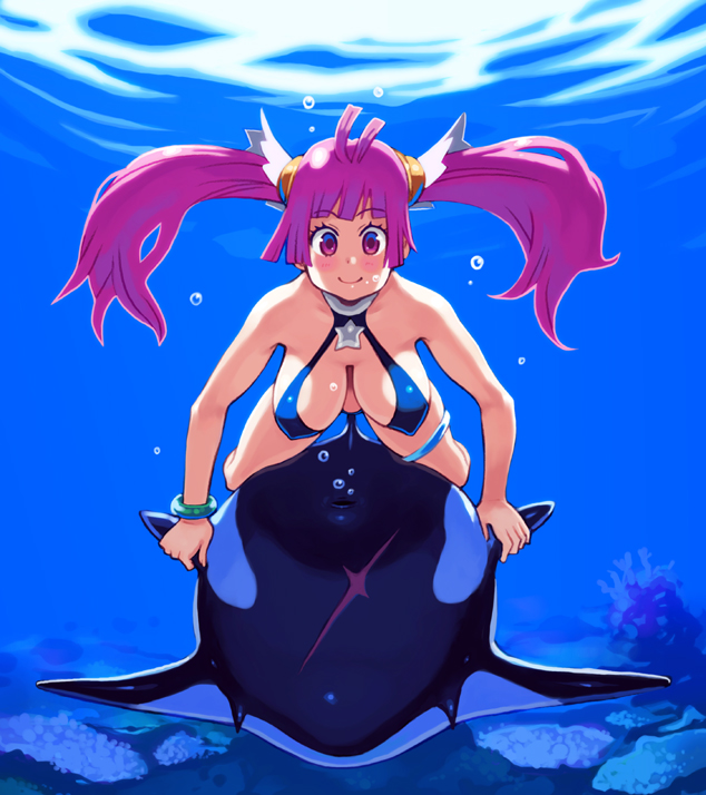 bubble caustic_lighting cleavage erect_nipples fangs freediving horns large_breasts long_hair nomura_ryouji orca original pink_eyes pink_hair puffy_cheeks scar smile solo star swimsuit twintails underwater
