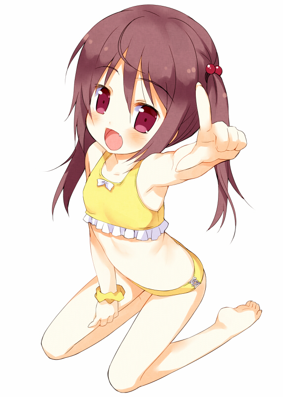 arm_up armpits barefoot bikini brown_eyes brown_hair child fang feet hair_bobbles hair_ornament index_finger_raised kneeling meito_(maze) midriff open_mouth original pointing raised_finger scrunchie solo swimsuit