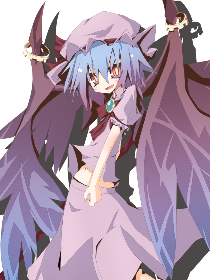 ascot bad_id bat_wings blue_hair fang gradient_hair hat ichiyan multicolored_hair open_mouth red_eyes remilia_scarlet ringed_eyes skirt smile solo touhou wings