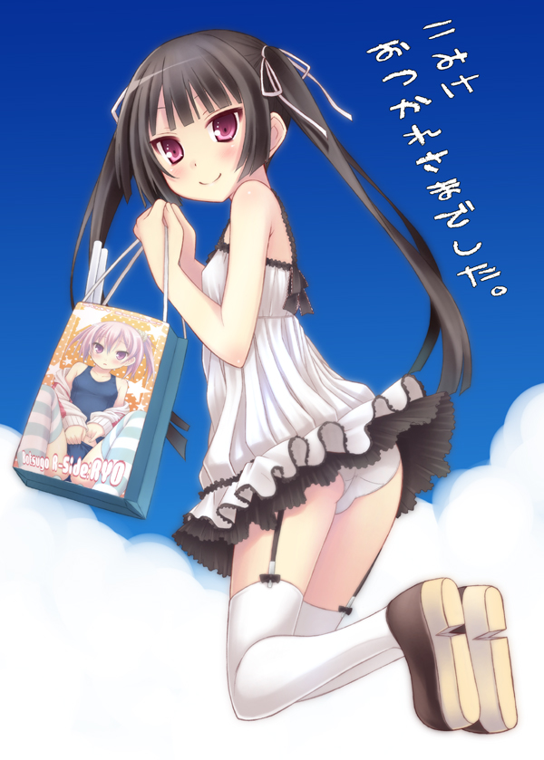 ass bag bare_shoulders black_hair blue_sky blush cloud convention_greeting dress garter_straps hair_ribbon jumping long_hair looking_at_viewer original panties pantyshot petticoat pink_eyes purple_eyes ribbon ryo shopping_bag sky smile solo sundress thigh-highs thighhighs tsurime twintails underwear upskirt violet_eyes white_legwear white_panties