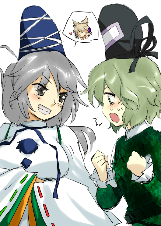 angry blonde_hair blush breast_envy chagen_kokimu dress earmuffs green_dress green_hair grey_eyes grey_hair grin hands_together hat headphones japanese_clothes mononobe_no_futo multiple_girls open_mouth sdmaiden short_hair smile soga_no_tojiko staring_at_breasts sweatdrop tate_eboshi touhou toyosatomimi_no_miko