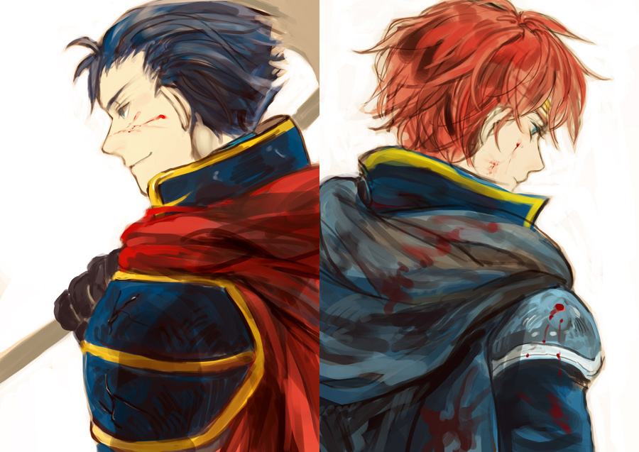 armor axe back_to_back blood blue_eyes blue_hair cape eliwood fire_emblem fire_emblem:_rekka_no_ken gloves headband hector looking_down redhead smile