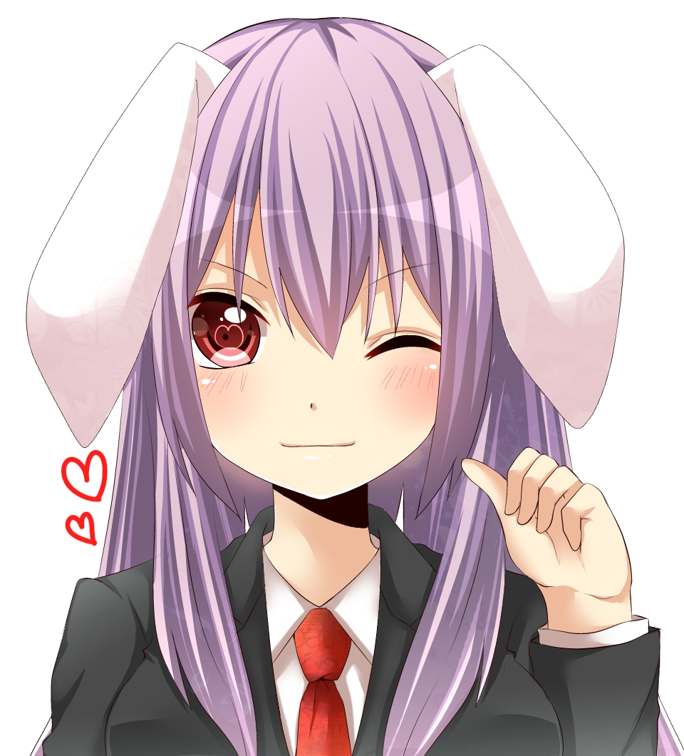 animal_ears bad_id blazer blush bunny_ears face heart heart-shaped_pupils lavender_hair long_hair necktie red_eyes reisen_udongein_inaba smile solo symbol-shaped_pupils touhou wink yamasuta