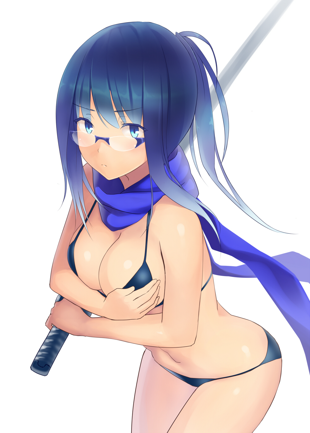ac_(eshi) bikini blue_eyes blue_hair breast_hold breasts cleavage covering covering_breasts female frown glasses highres katana large_breasts leaning_forward navel original ponytail scarf simple_background solo swimsuit sword weapon white_background