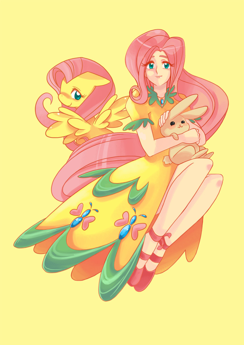 angel_(my_little_pony) bunny dress fluttershy gomigomipomi green_eyes legs long_hair my_little_pony my_little_pony:_friendship_is_magic my_little_pony_friendship_is_magic pegasus personification pink_hair rabbit shoes smile very_long_hair yellow yellow_background yellow_dress