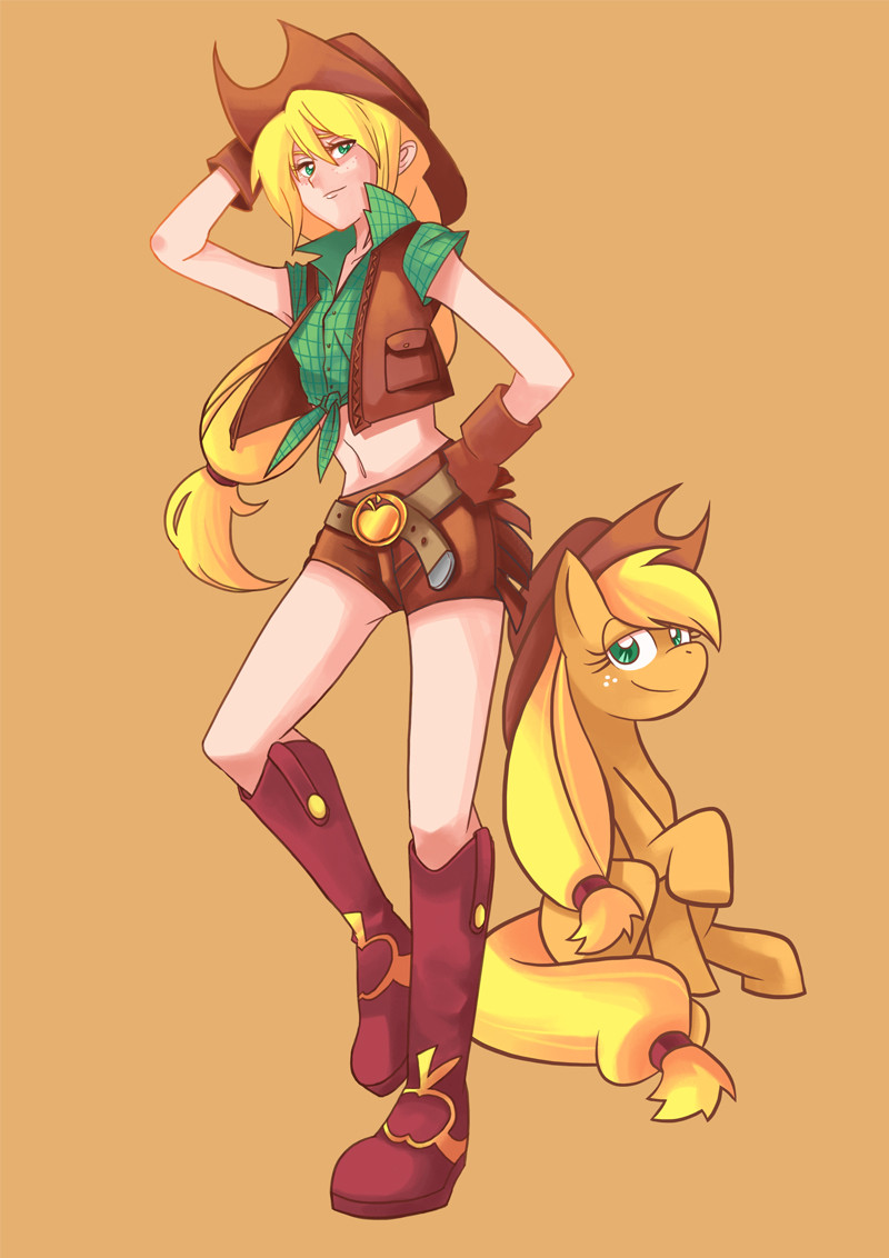 apple applejack belt belt_buckle blonde_hair boots cowboy_hat dual_persona food food_themed_clothes freckles fruit gloves gomigomipomi green_eyes hand_on_hat hand_on_hip hat holding holding_hat long_hair low-tied_long_hair midriff my_little_pony my_little_pony:_friendship_is_magic my_little_pony_friendship_is_magic orange_background personification ponytail shorts tied_shirt vest western