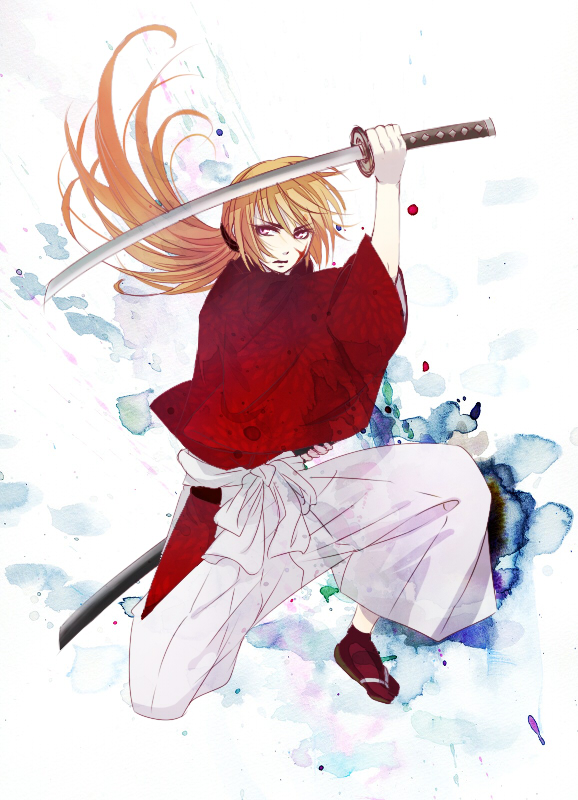 hakama himura_kenshin japanese_clothes katana long_hair male orange_hair ponytail purple_eyes red_hair redhead rurouni_kenshin samurai sandals scar sheath solo sword tanoshihana violet_eyes weapon