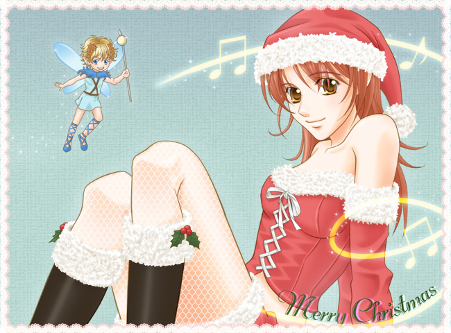 boots brown_hair cross-laced_footwear fairy fishnet_legwear fishnet_stockings fishnets hat hino_kahoko holly kulalix la_corda_d'oro la_corda_d'oro legwear light_smile lili_(la_corda_d'oro) lili_(la_corda_d'oro) merry_christmas musical_note orange_eyes santa_costume santa_hat thigh-highs thighhighs