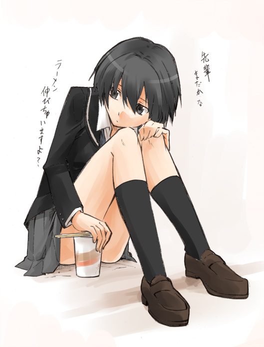 1girl amagami black_eyes black_hair blazer bob_cut food marumi nanasaki_ai noodles ramen school_uniform short_hair sitting solo