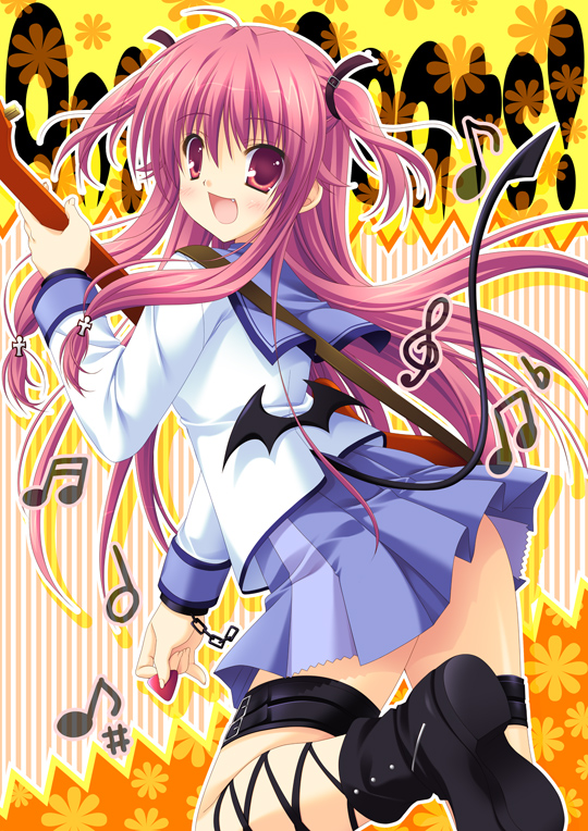 ankle_lace-up artist_request bat_wings belt boots chain chains clef cross cross-laced_footwear fang guitar instrument long_hair looking_back music musical_note narumi_yuu_(bunbukudou) note open_mouth pink_eyes pink_hair ribbon school_uniform serafuku short_twintails strap tail thigh_strap treble_clef twintails two_side_up wings yui_(angel_beats!)