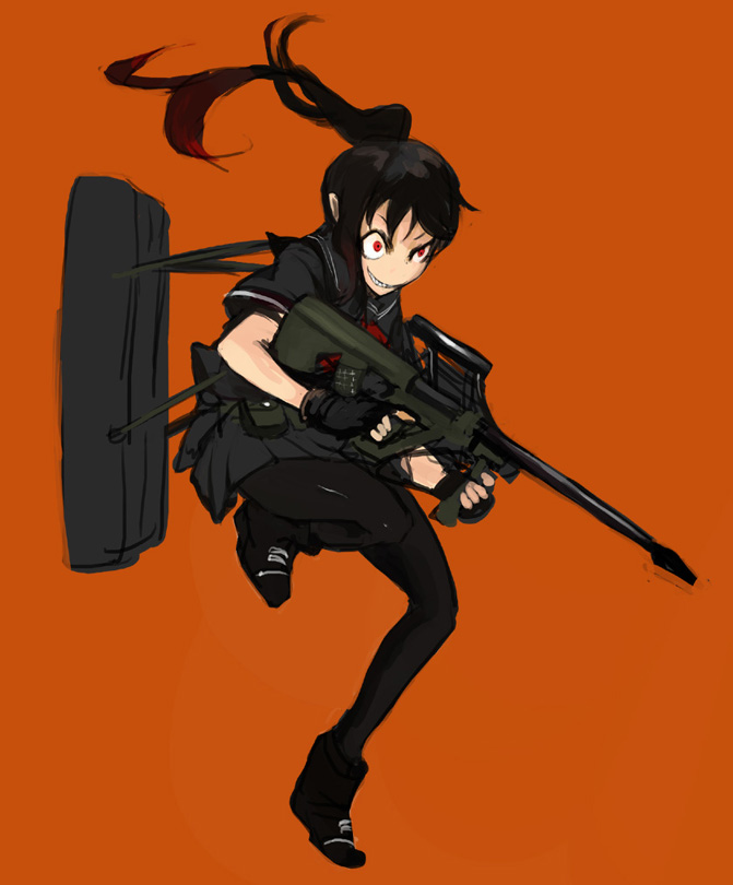 aug bullpup crazy_eyes gun kasa legs original pantyhose rifle school_uniform serafuku solo steyr_aug vertical_foregrip weapon