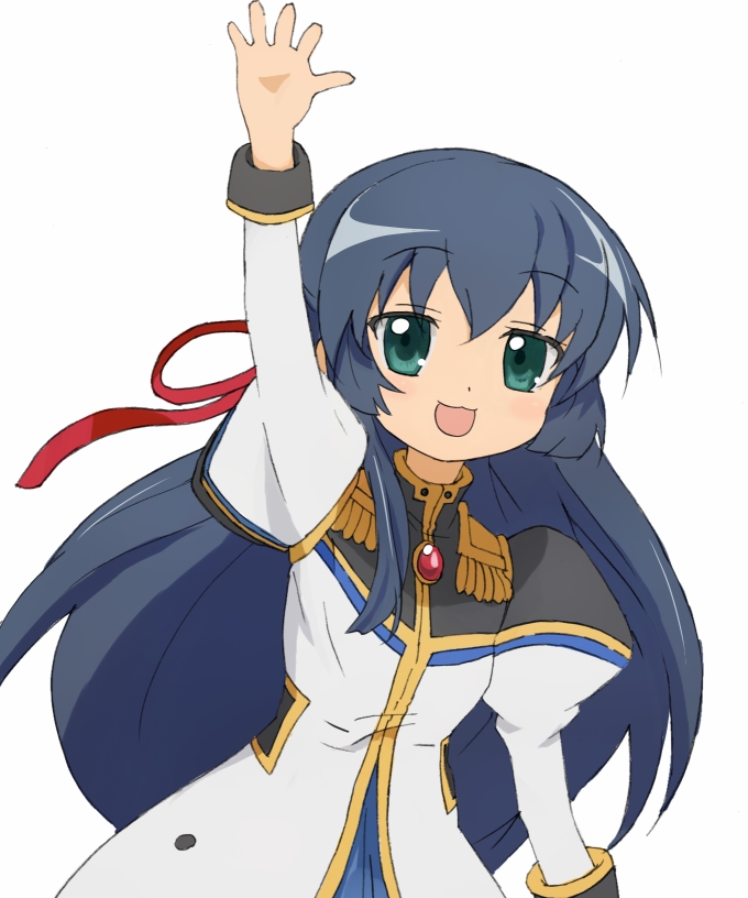 bad_id blue_hair galaxy_angel green_eyes karasuma_chitose long_hair lucky_star military military_uniform nyama open_mouth parody style_parody uniform waving