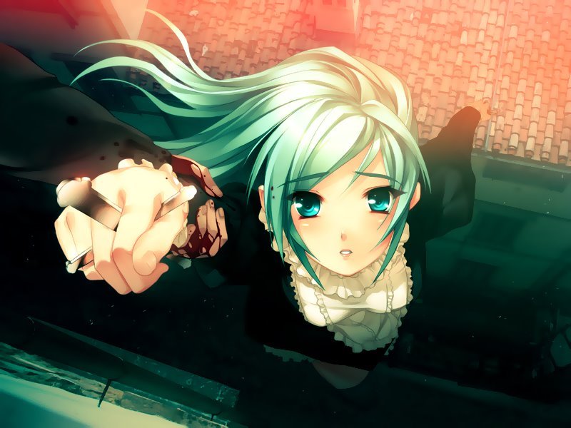 arm_grab blood carnevale_della_luce_della_luna cross game_cg green_eyes green_hair lunaria oosaki_shin'ya pov rooftop wrist_grab