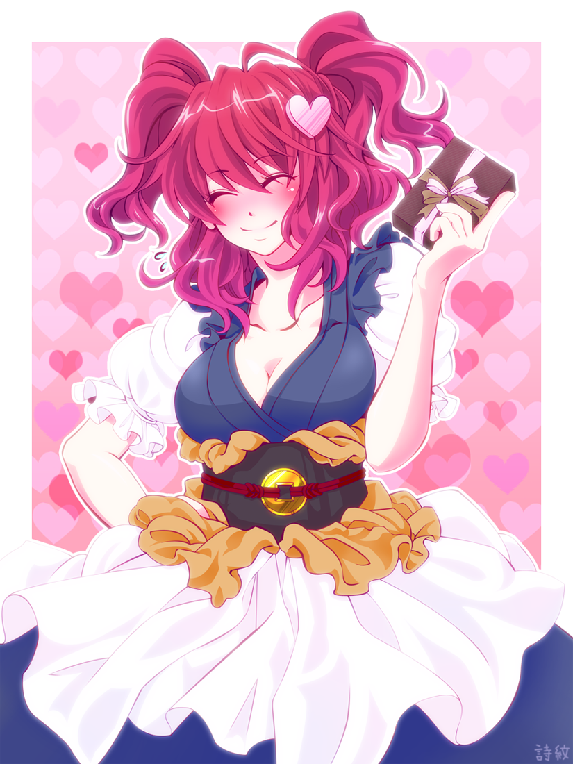 1girl bad_id blush breasts cleavage closed_eyes gift hair_bobbles hair_ornament heart holding holding_gift onozuka_komachi red_eyes red_hair redhead short_hair simons62166 smile solo touhou twintails valentine