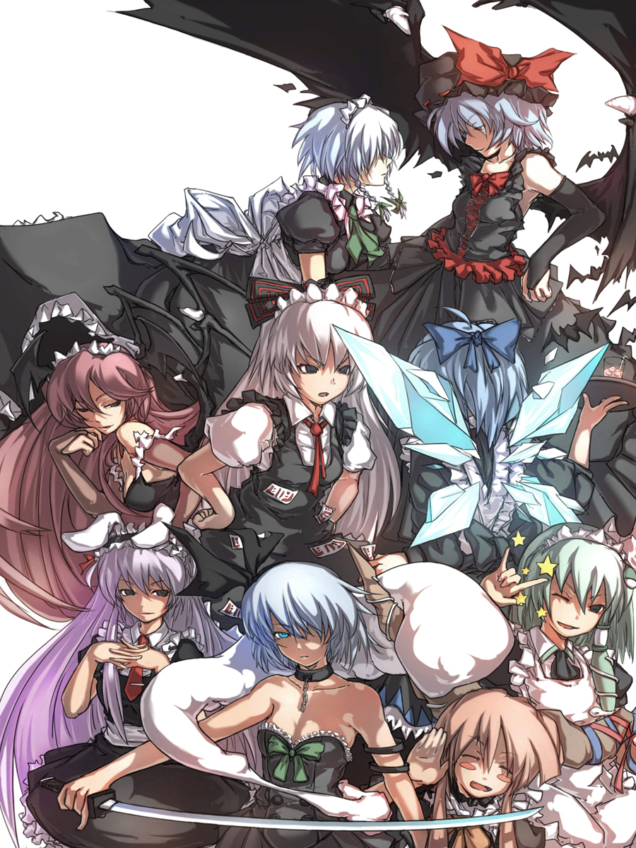 apron blue_hair bow brown_hair bunny_ears cirno collar dizzy_(artist) dress elbow_gloves fujiwara_no_mokou gloves green_hair hair_bow head_wings headwings highres horns ibuki_suika izayoi_sakuya katana koakuma kochiya_sanae konpaku_youmu konpaku_youmu_(ghost) macross macross_frontier maid maid_headdress myon parody purple_hair rabbit_ears red_hair redhead reisen_udongein_inaba remilia_scarlet seikan_hikou silver_hair sword touhou weapon white_hair wings wink