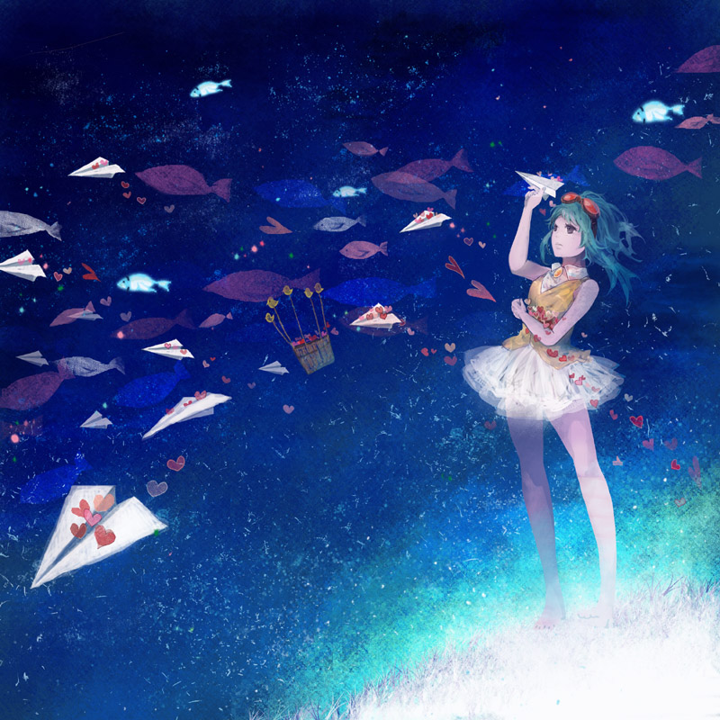barefoot blue campanella_(vocaloid) fish goggles goggles_on_head gumi heart legs paper_airplane sk skirt standing surreal vocaloid