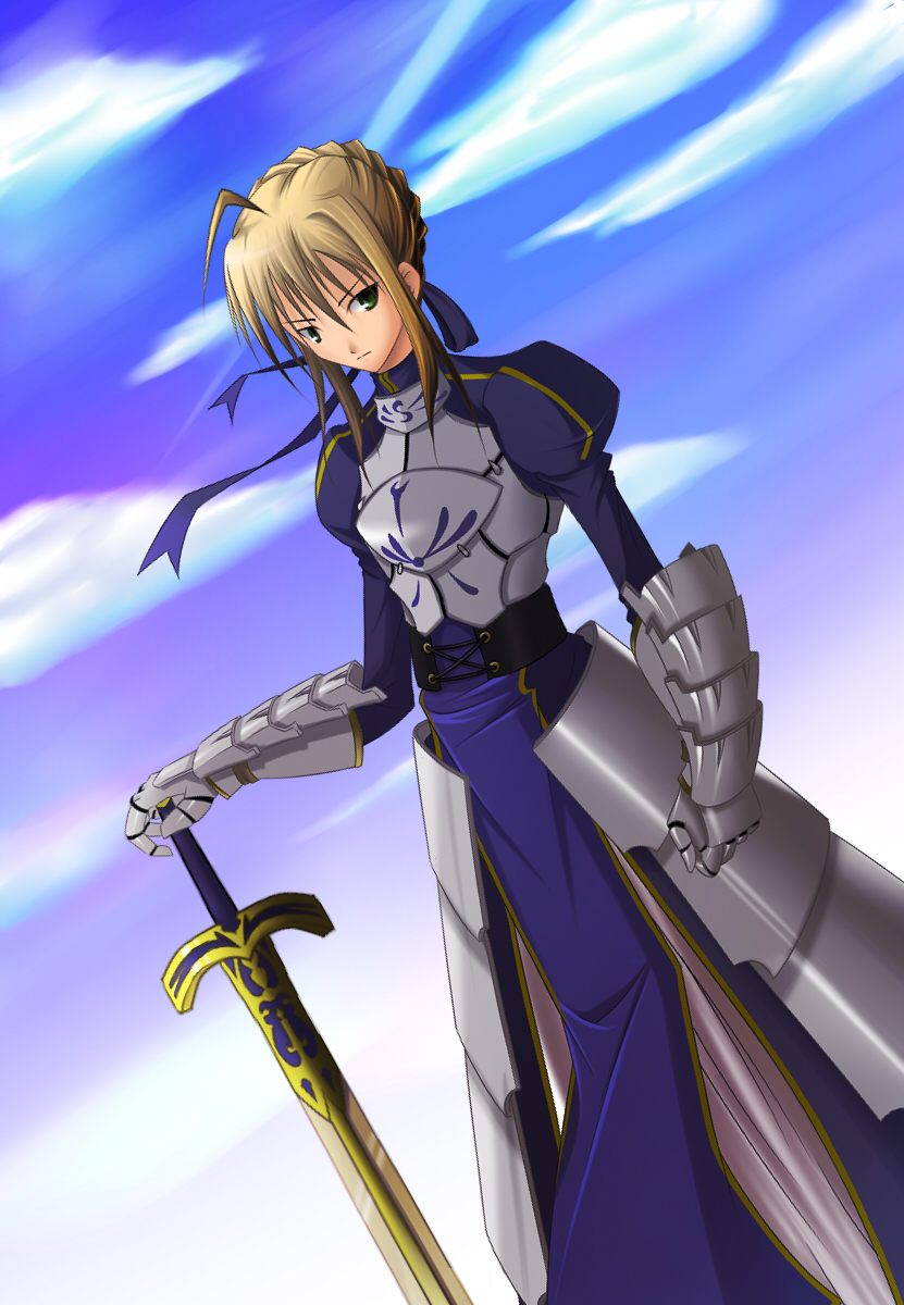 ahoge armor blonde_hair caliburn fate/stay_night green_eyes ribbon saber serious sky sword weapon