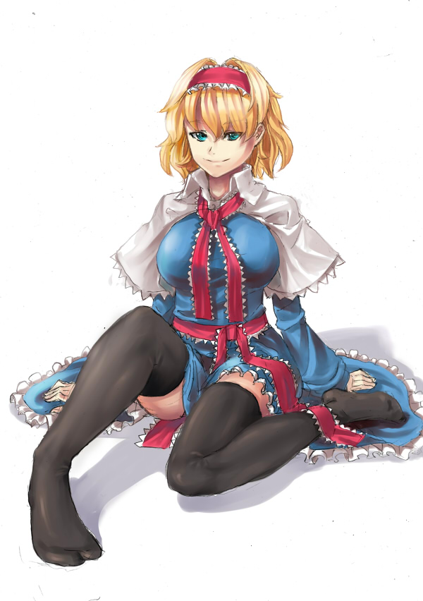 alice_margatroid aqua_eyes arm_support bangs black_legwear blonde_hair blue_dress blue_eyes breasts capelet dress frills green_eyes grin hair_intakes hairband hips huge_breasts large_breasts legs mizuno_(artist) no_shoes sash scarf shadow short_hair simple_background sitting smile solo thigh-highs thighhighs thighs touhou wariza white_background zettai_ryouiki