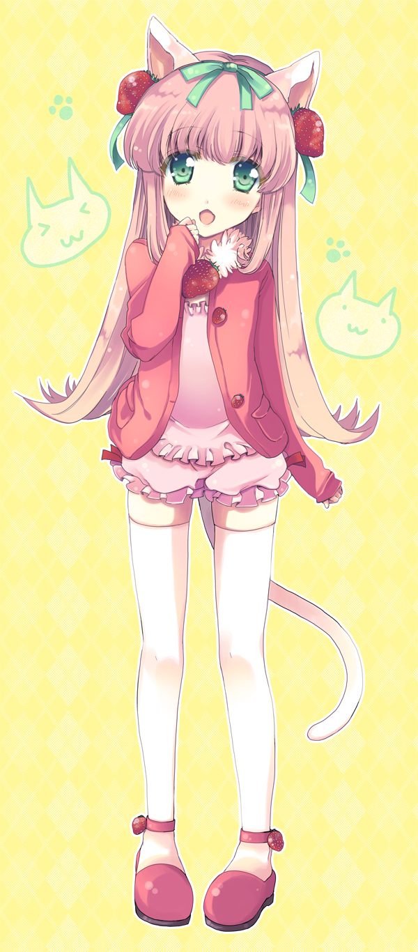 animal_ears argyle argyle_background bad_id bangs bloomers cat_ears cat_tail food fruit green_eyes hair_ribbon head_tilt highres jacket legs long_hair nakayama_miyuki original pink_hair ribbon sleeves_past_wrists solo standing strawberry tail themed_object thighhighs white_legwear zettai_ryouiki