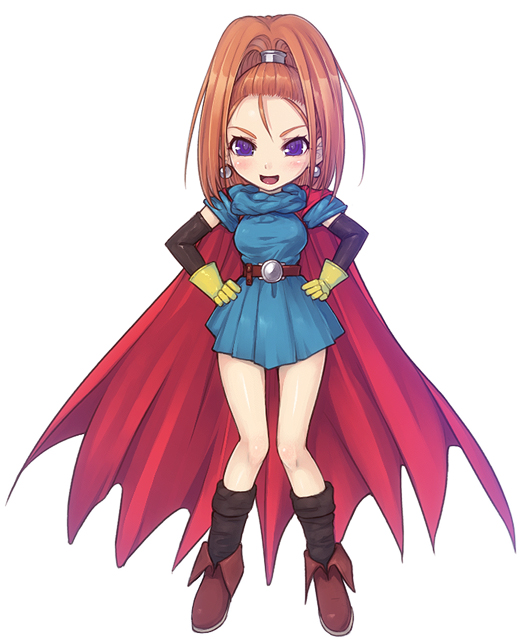 belt boots cape dragon_quest dragon_quest_vi dress earrings elbow_gloves forehead gloves hands_on_hips high_ponytail jewelry long_hair mahito orange_hair ponytail purple_eyes smile violet_eyes