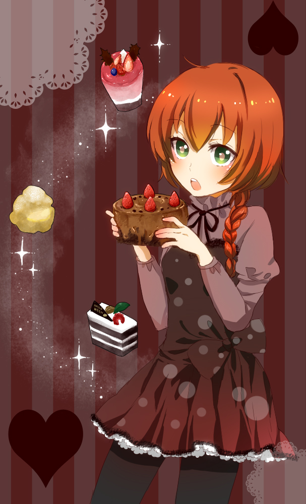 blush braid cake darker_than_black dress flat_chest food fruit green_eyes long_hair nuka pantyhose pastry ponytail red_hair redhead single_braid skirt solo strawberry suou_pavlichenko