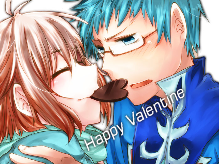 1girl aqua_eyes blue_hair chocolate chocolate_heart glasses gradient_hair haku_(wwnt) heart hubert_ozwell mouth_hold multicolored_hair pascal red_hair redhead tales_of_(series) tales_of_graces valentine white_hair