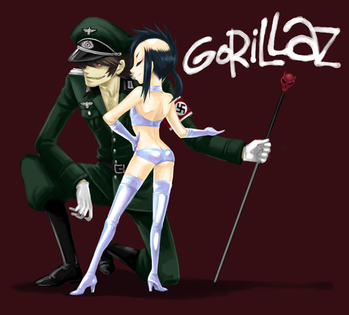 age_difference black_hair boots couple gloves gorillaz high_heels latex military military_uniform murdoc_niccals nazi noodle sharp_teeth shoes short_hair smile thigh-highs uniform white_gloves