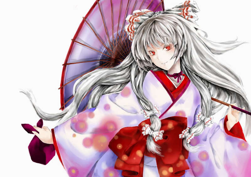 bad_id bow fujiwara_no_mokou hair_bow hair_ribbon japanese_clothes kimono long_hair oriental_umbrella red_eyes ribbon silver_hair smile touhou umbrella