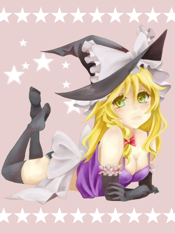 blonde_hair hat kirisame_marisa long_hair lying mizuiro7 on_stomach solo thigh-highs thighhighs touhou witch_hat yellow_eyes