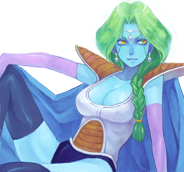armor blue_skin breasts cleavage dragon_ball dragon_ball_z dragonball_z drawr earrings elbow_gloves genderswap gloves green_hair jewelry lips ponytail sitting thigh-highs thighhighs yellow_eyes zarbon