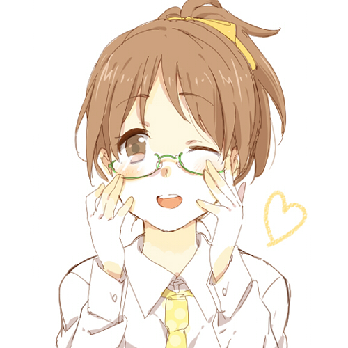 brown_eyes brown_hair dress_shirt glasses hirasawa_ui k-on! karuha lowres necktie ponytail shirt short_hair wink