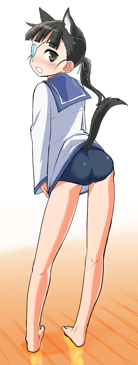 ass bare_legs barefoot black_hair blush brown_eyes eyepatch from_behind highres long_hair looking_back motsu_(artist) mozu_(peth) open_mouth ponytail sailor_collar sakamoto_mio solo strike_witches swimsuit swimsuit_under_clothes tail young