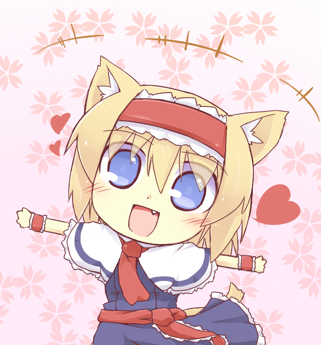 alice_margatroid animal_ears blonde_hair blue_eyes blush capelet cat_ears chibi dress fang hairband hazuki_ruu heart kemonomimi_mode open_mouth sash solo spread_legs touhou