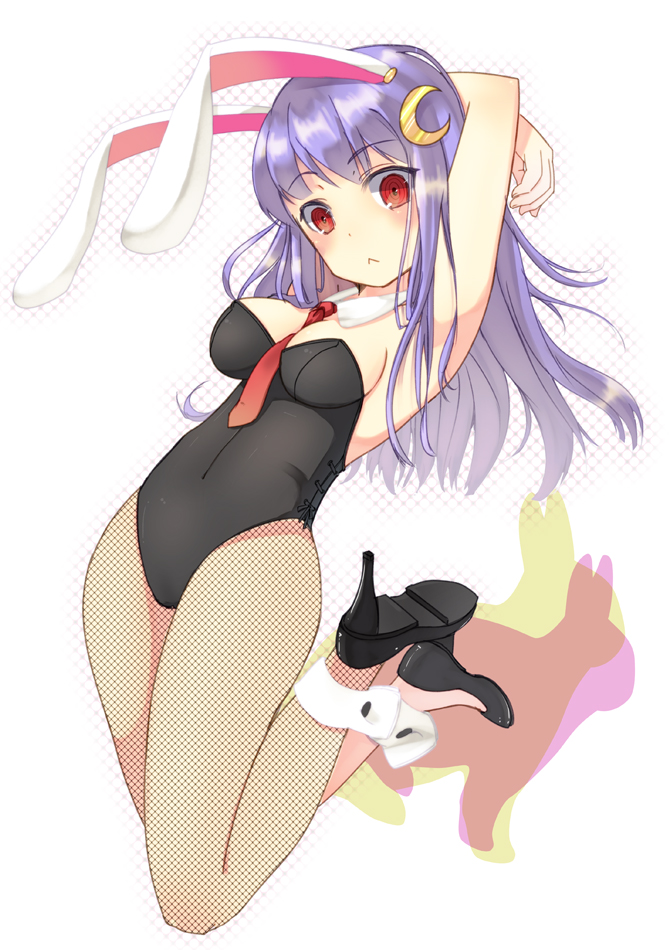 :&lt; alternate_costume animal_ears ankle_cuffs armpits arms_behind_head arms_up between_breasts blush breasts bunny bunny_ears bunny_girl bunnysuit cleavage cosplay crescent detached_collar fishnet_pantyhose fishnets hair_ornament high_heels kagura_(c_h_r_o_e) long_hair necktie no_bra pantyhose purple_hair red_eyes reisen_udongein_inaba shoes sideboob simple_background solo touhou very_long_hair