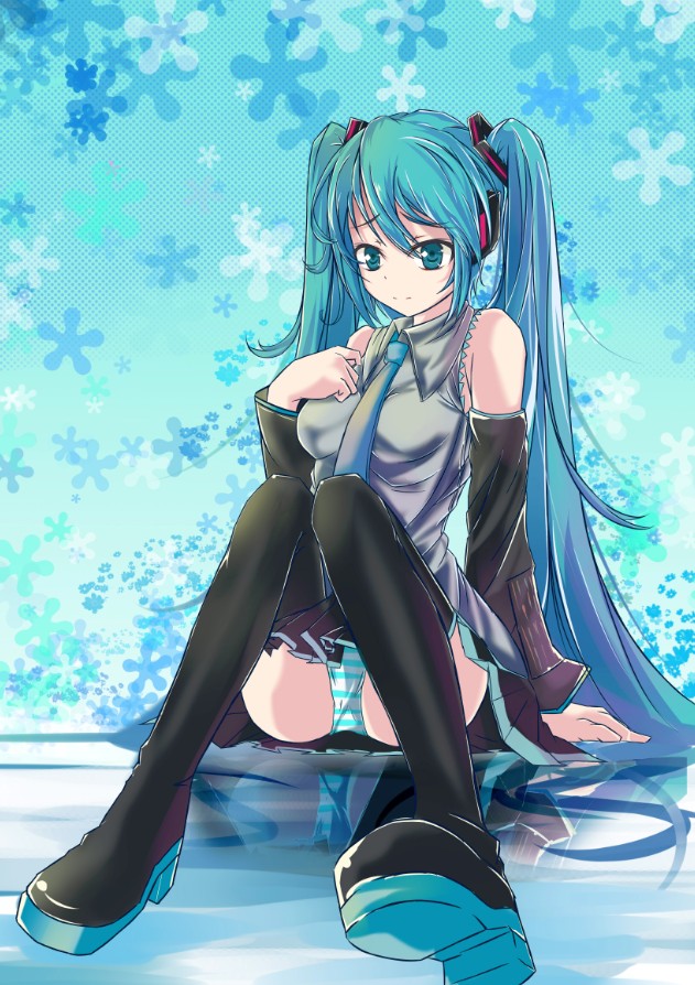 aqua_eyes aqua_hair boots detached_sleeves hand_on_own_chest hand_to_chest hatsune_miku jianren long_hair necktie panties pantyshot pantyshot_(sitting) pantyshot_sitting reflection reflective_floor sitting skirt solo striped striped_panties thigh-highs thigh_boots thighhighs twintails underwear very_long_hair vocaloid