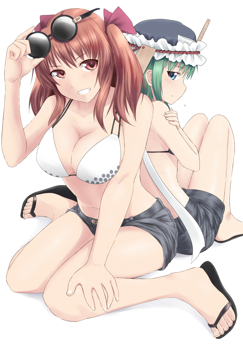 bare_legs bare_shoulders bikini_top blush braid breasts casual cleavage contemporary embarrassed feet green_hair grin hat kakurenbo. multiple_girls onozuka_komachi red_eyes sandals shikieiki_yamaxanadu shorts simple_background sitting smile sunglasses sunglasses_on_head teeth touhou twin_braids wariza