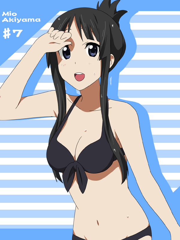 alternate_hairstyle bikini black_eyes black_hair breasts character_name cleavage front-tie_top ikari_manatsu k-on! long_hair navel solo swimsuit