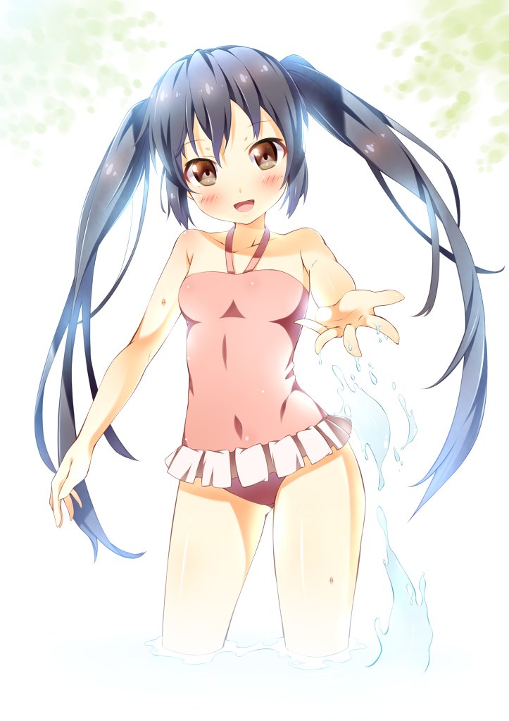 :d bare_shoulders black_hair blush brown_eyes casual_one-piece_swimsuit ichi_makoto k-on! long_hair looking_at_viewer nakano_azusa one-piece_swimsuit open_mouth outstretched_hand smile solo splash splashing swimsuit twintails wading water