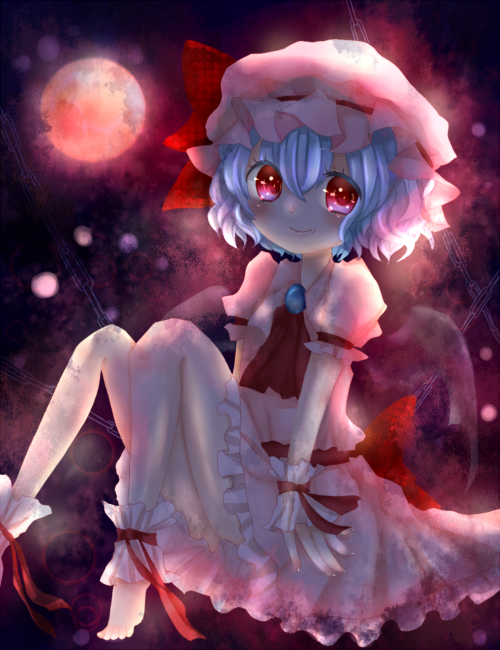 ankle_cuffs barefoot bat_wings blue_hair chain dress fang feet hat maho maho_moco moon moonlight red_eyes remilia_scarlet short_hair sitting smile solo touhou wings wrist_cuffs