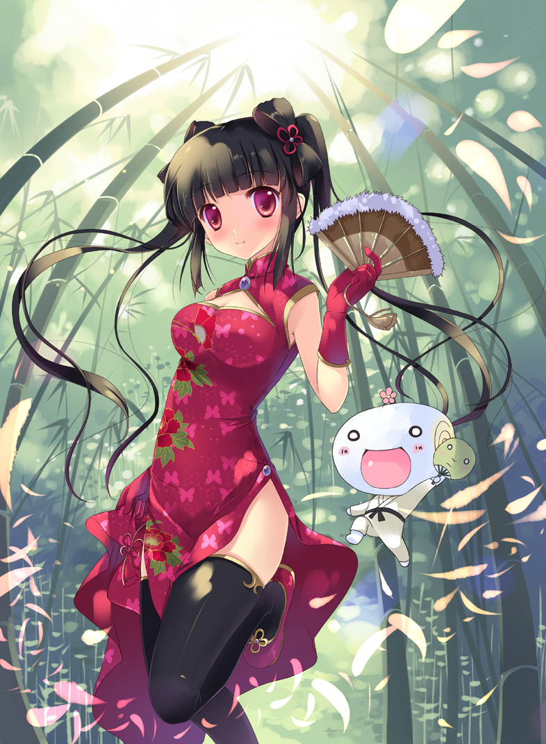 1girl 1other artist_request bamboo bamboo_forest black_hair black_legwear blush breasts china_dress chinese_clothes dougi fan folding_fan forest gloves hair_ornament impossible_clothes impossible_clothing karate_gi leg_lift legs long_hair nature o_o original paper_fan petals pink_eyes side_slit solo source_request sousouman thigh-highs thighhighs twintails uchiwa