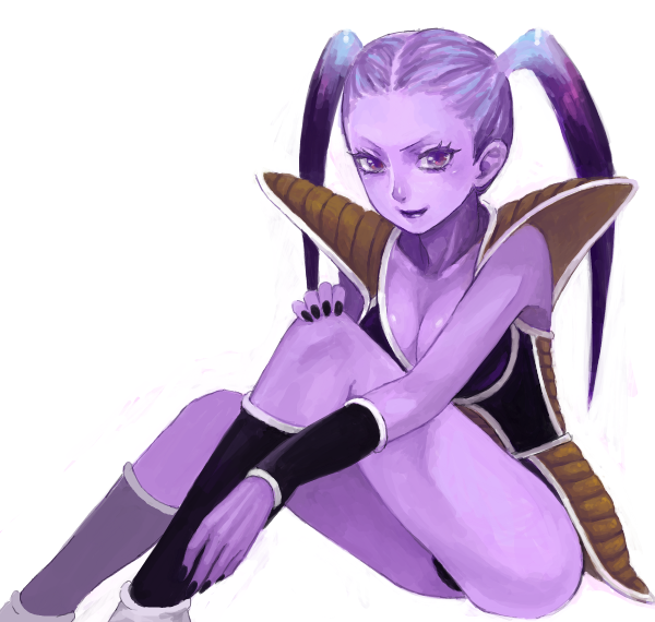 armlet armor breasts captain_ginyu cleavage dragon_ball dragon_ball_z dragonball_z drawr genderswap ginyu_force legs lips lipstick makeup purple_eyes purple_hair purple_skin sitting smile twintails violet_eyes