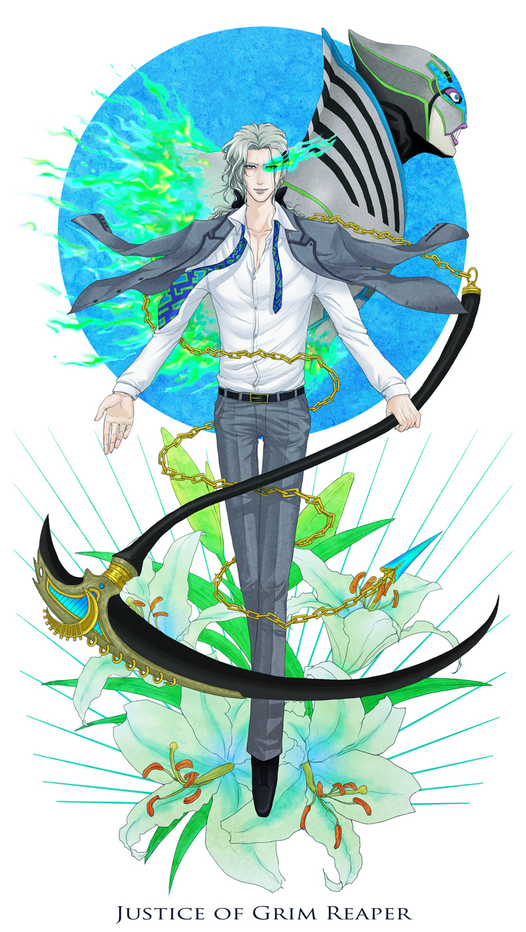 2boys blue_flame bow cape chain chains dual_persona english fire flower formal glowing glowing_eyes green_fire green_flame grey_eyes grey_hair hair_bow hair_ornament hairclip highres lily_(flower) lips long_hair lunatic_(tiger_&amp;_bunny) male mask multiple_boys necktie pale_skin ponytail scythe silver_hair smile suit superhero suzushiro143 tiger_&amp;_bunny yuri_petrov