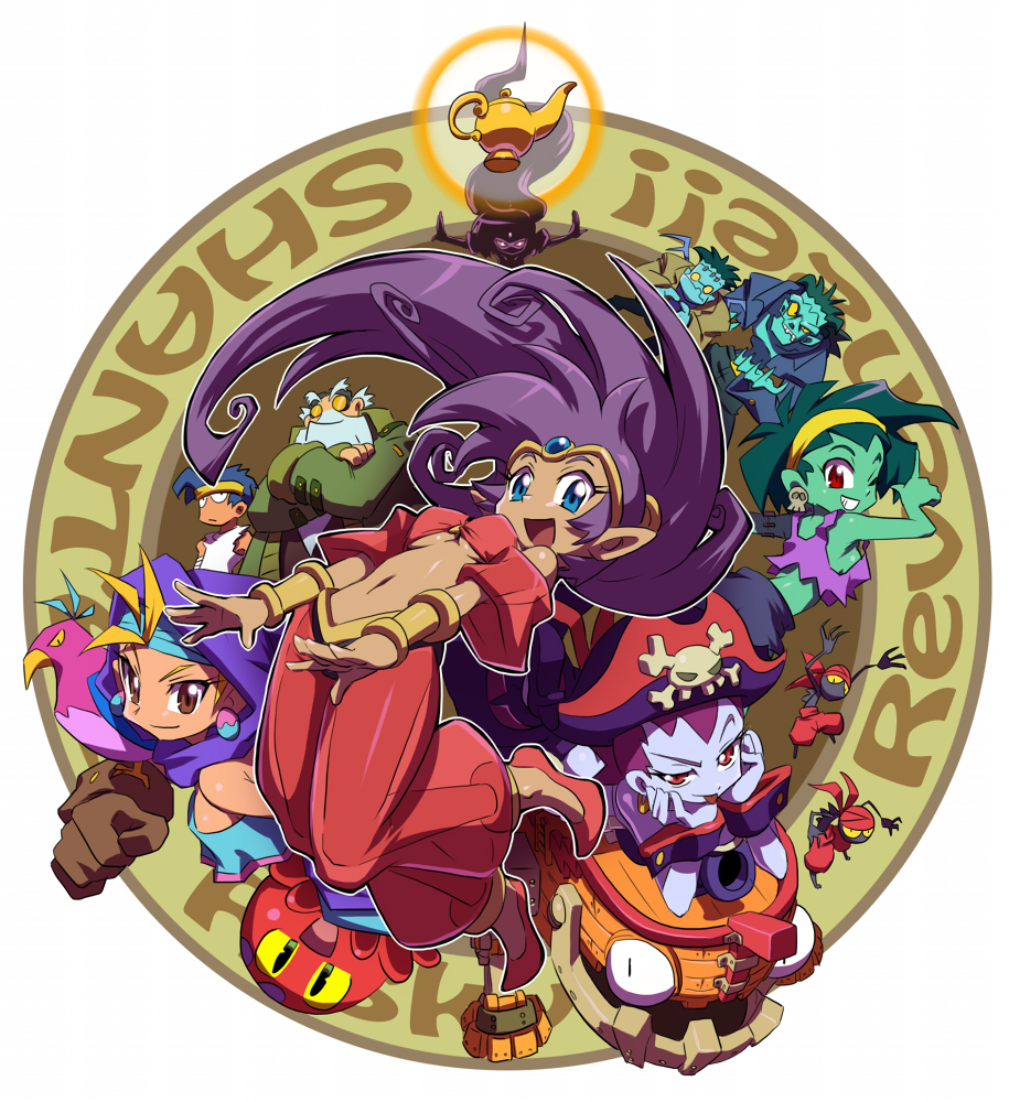 anklet arabian_clothes beard bird blonde_hair blue_eyes blue_skin bolo_(shantae) bracer brown_eyes cannon character_request coat crop_top crossed_arms earrings everyone facial_hair genie goggles green_hair harem_outfit harem_pants hat headband hood jewelry king_of_unlucky lamp midriff mimic_(shantae) navel octopus pirate pirate_hat purple_hair red_eyes risky_boots rottytops shantae shantae_(character) shantae_(series) ship skull_and_crossbones sky_(shantae) smile squid_baron tank_top tinkerbat tongue tongue_out white_hair wink wrench_(shantae) yellow_sclera zombie