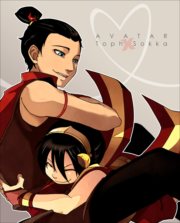 avatar:_the_last_airbender avatar_the_last_airbender black_hair blue_eyes chinese_clothes couple hair_bun hug kakasye nickelodeon ponytail short_hair smile sokka toph toph_bei_fong