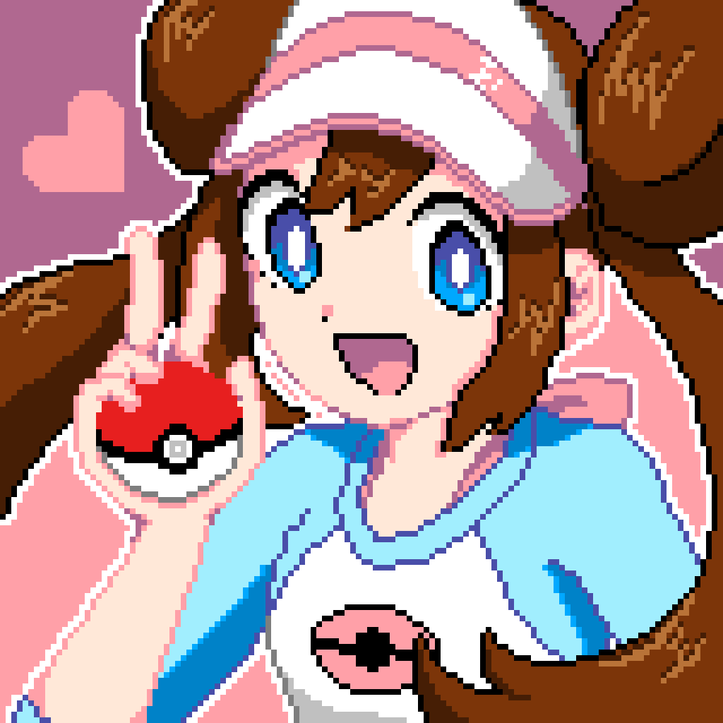 1girl blue_eyes bow brown_hair double_bun hair_between_eyes hat heart holding holding_poke_ball long_hair mei_(pokemon) open_mouth pink_background pink_bow pixel_art pixelated poke_ball poke_ball_(generic) pokemon pokemon_(game) pokemon_bw2 raglan_sleeves smile solo twintails very_long_hair visor_cap zityougadekinai