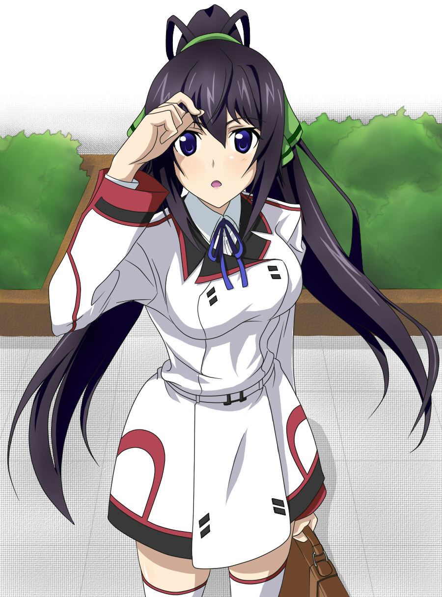 :o bag black_hair blue_eyes blush hair_ribbon highres infinite_stratos long_hair looking_at_viewer open_mouth ponytail ribbon shinonono_houki solo split_ponytail tarou_no_tsubuyaki thigh-highs thighhighs uniform