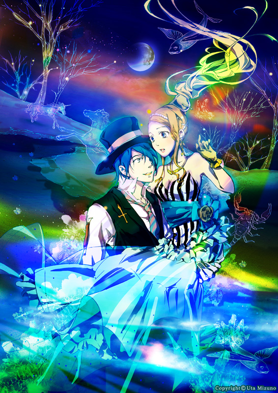 bare_shoulders blonde_hair blue_eyes blue_hair breasts carrying cleavage copyright_request crescent_moon dress fish gloves hair_covering_one_eye hat horse mizuno_uta moon necktie night night_sky one_eye_covered ponytail princess_carry scorpion short_hair sky strapless_dress submerged top_hat unicorn vest waistcoat water watermark yellow_gloves