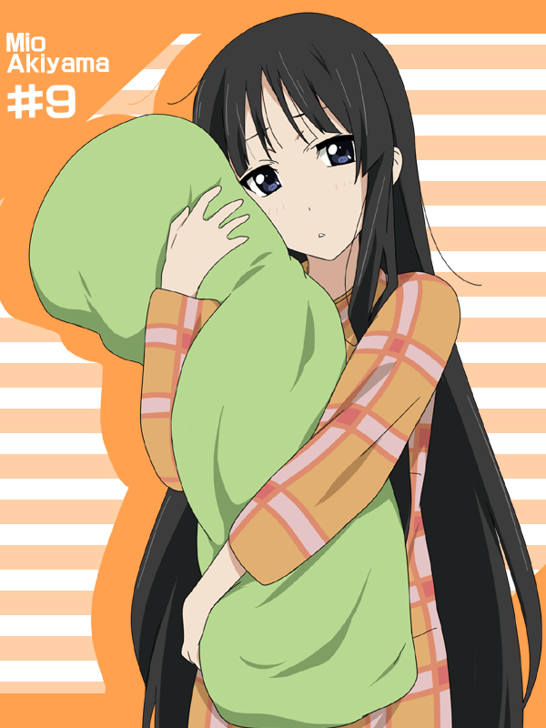 akiyama_mio black_hair blue_eyes character_name hime_cut ikari_manatsu k-on! long_hair pajamas pillow pillow_hug plaid solo